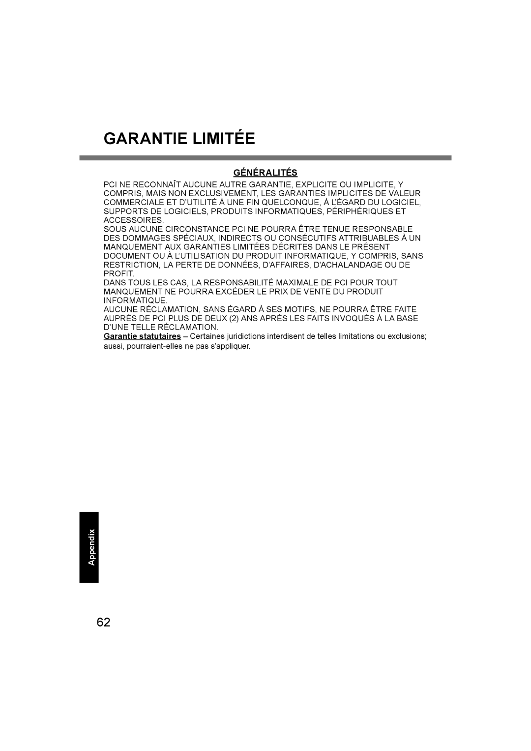 Panasonic CF-U1 appendix Garantie Limitée, Généralités 