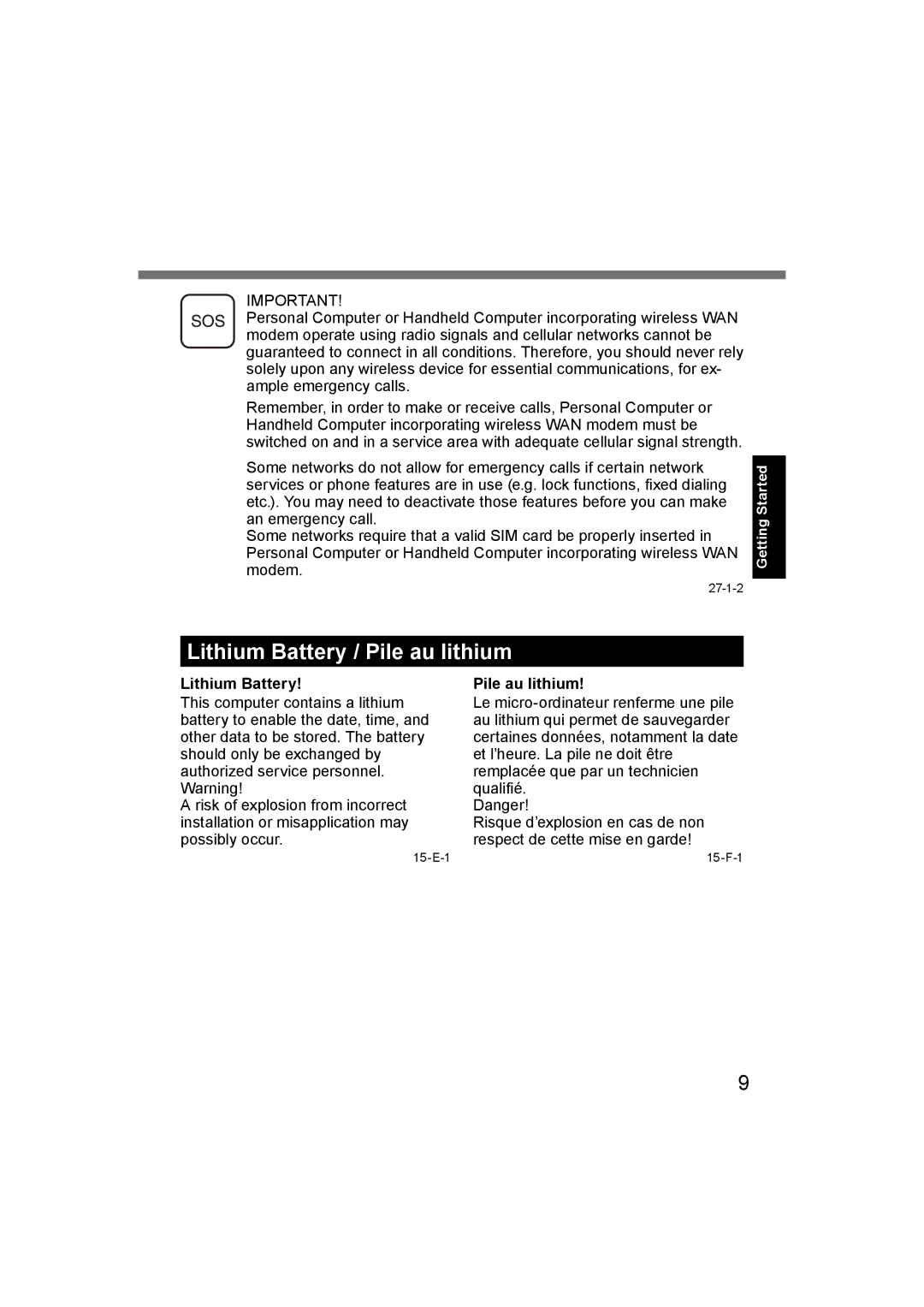 Panasonic CF-U1 appendix Lithium Battery / Pile au lithium 