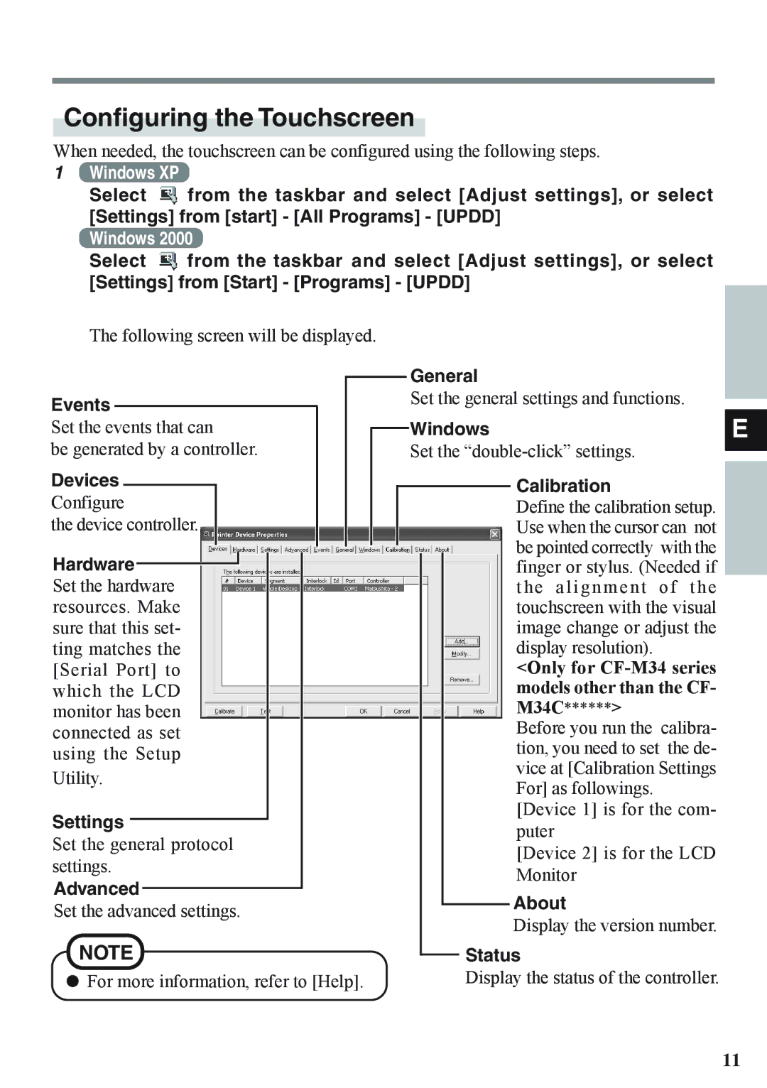 Panasonic CF-VDL02BM General Events, Windows, Devices Calibration, Hardware, Settings, Advanced About, Status 