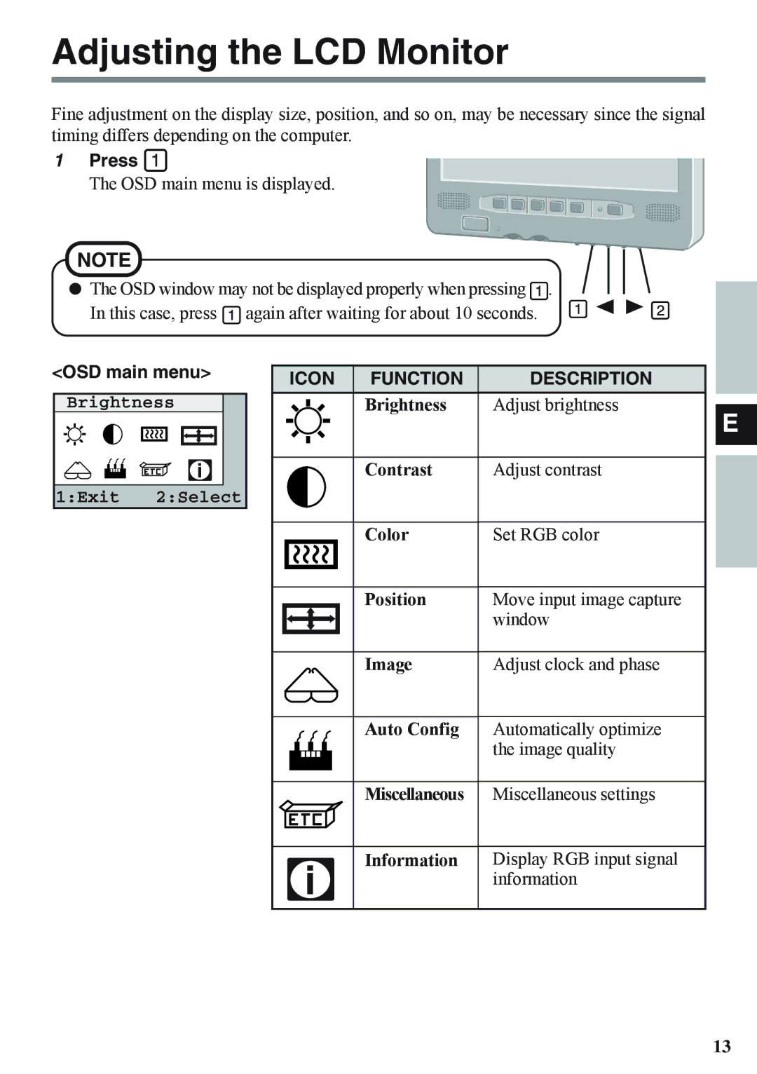 Panasonic CF-VDL02BM specifications Adjusting the LCD Monitor, Press, OSD main menu, Icon Function Description 