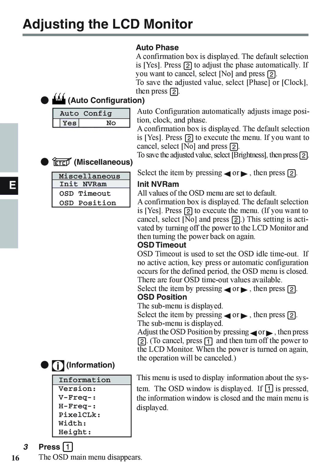 Panasonic CF-VDL02BM Auto Phase, Auto Configuration, Miscellaneous, Init NVRam, OSD Timeout, OSD Position, Information 