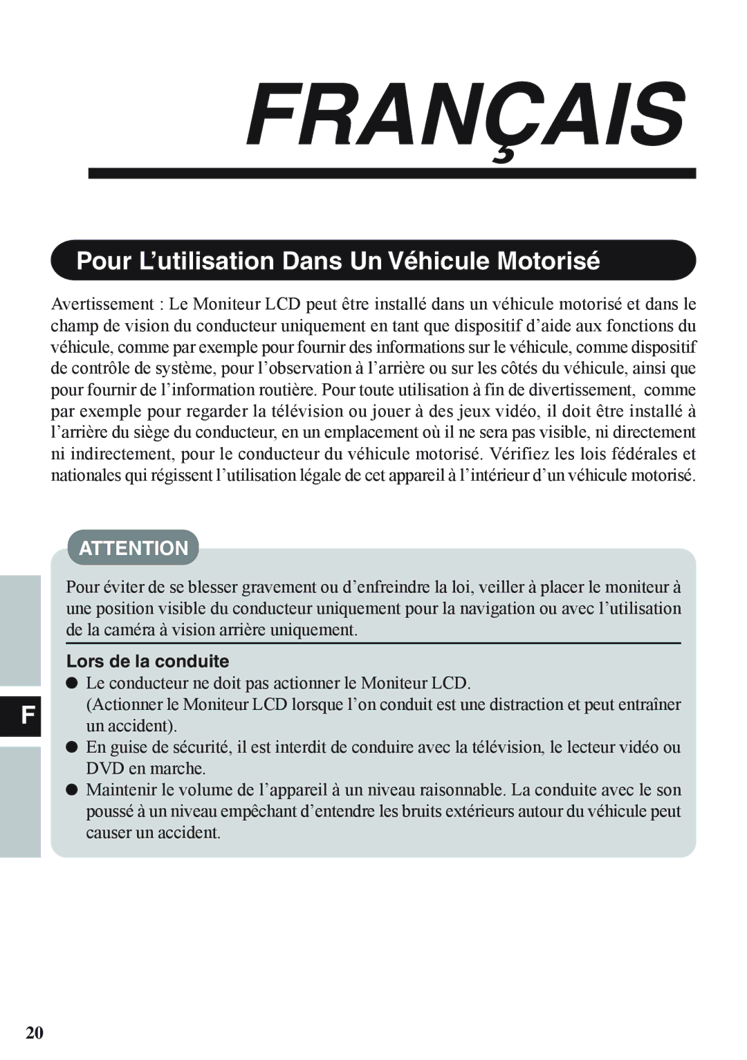 Panasonic CF-VDL02BM specifications Français, Lors de la conduite 