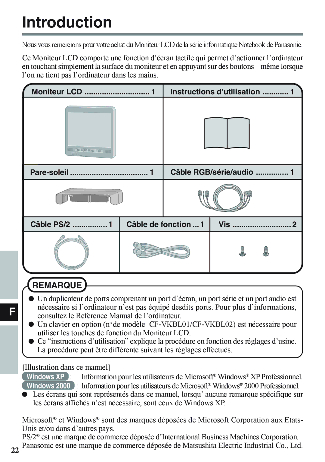 Panasonic CF-VDL02BM specifications Moniteur LCD Instructions d’utilisation Pare-soleil, Câble PS/2 Câble de fonction 