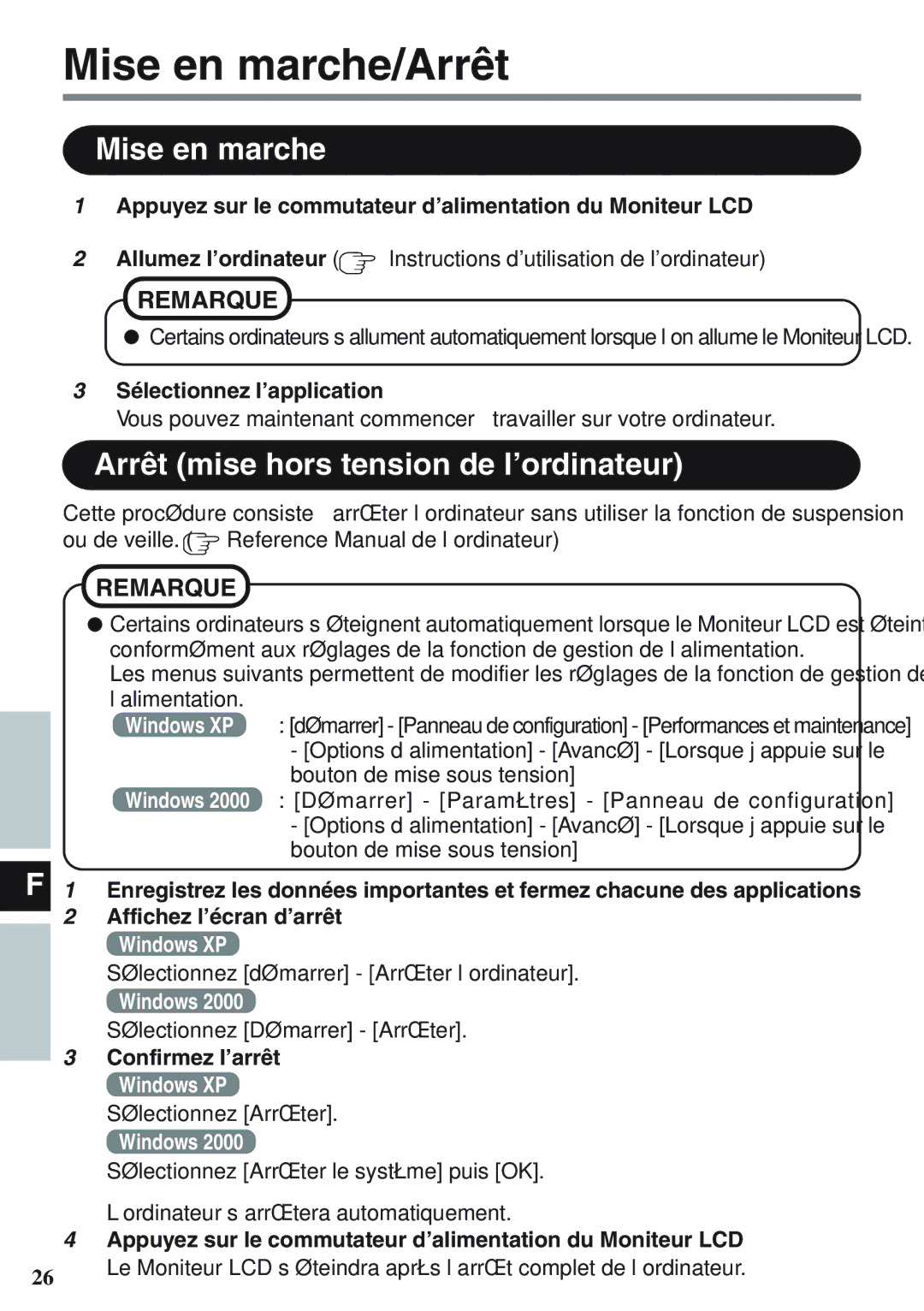 Panasonic CF-VDL02BM specifications Mise en marche/Arrêt, Appuyez sur le commutateur d’alimentation du Moniteur LCD 