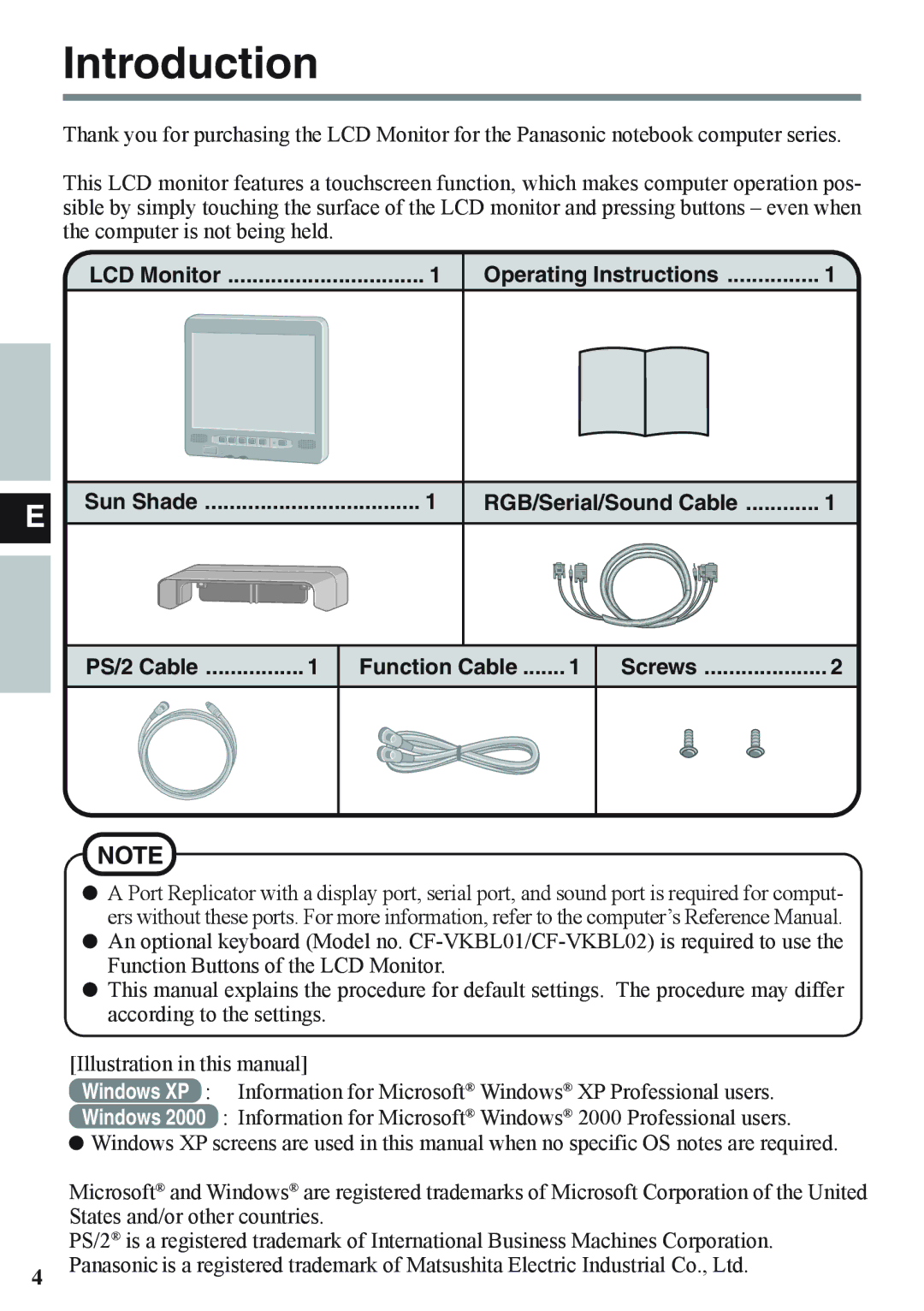 Panasonic CF-VDL02BM specifications Introduction, LCD Monitor Operating Instructions Sun Shade, PS/2 Cable Function Cable 