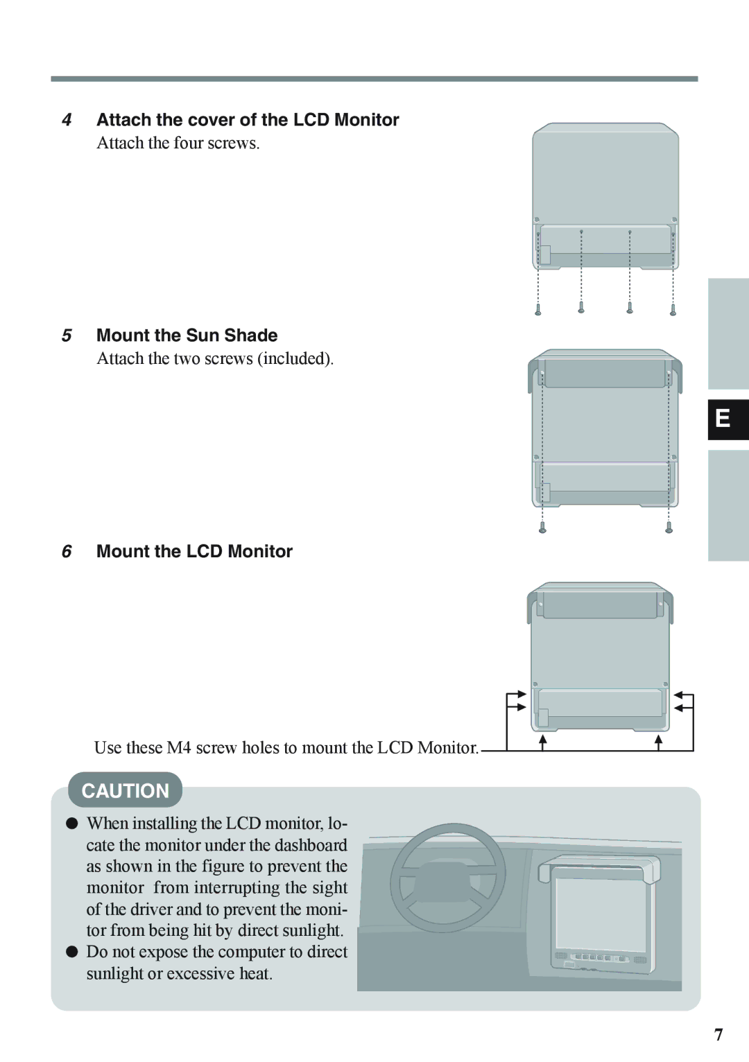 Panasonic CF-VDL02BM specifications Attach the cover of the LCD Monitor, Mount the Sun Shade, Mount the LCD Monitor 