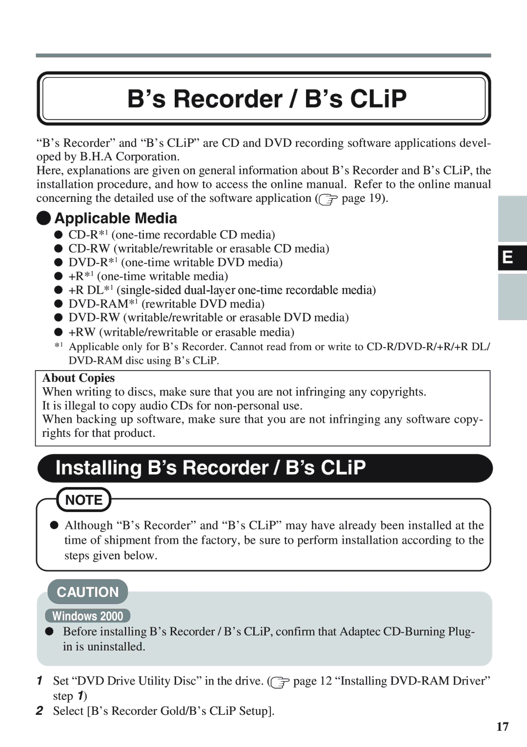 Panasonic CF-VDM732U specifications Installing B’s Recorder / B’s CLiP, Applicable Media 