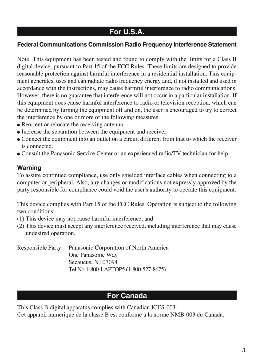 Panasonic CF-VDM732U specifications For U.S.A 