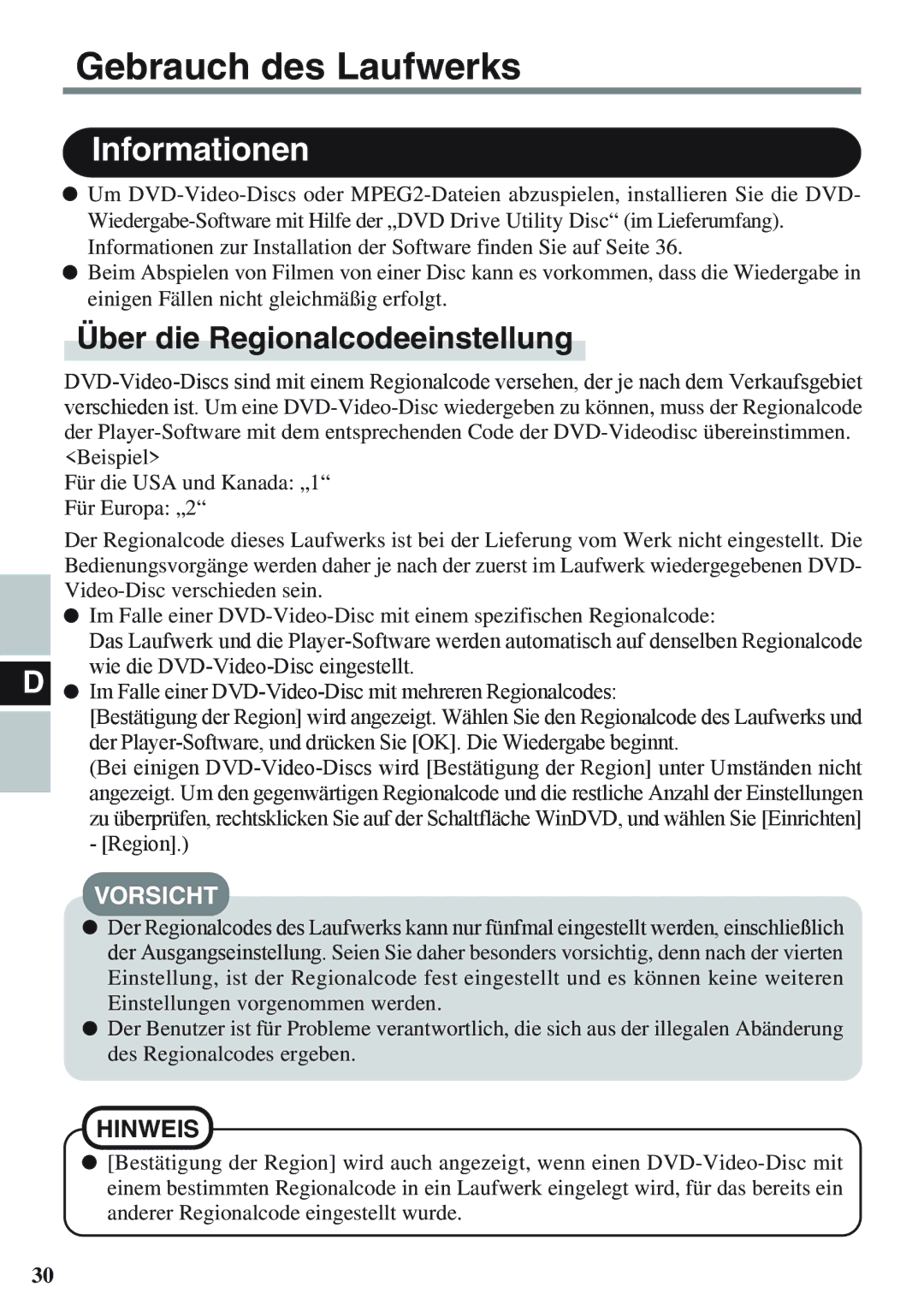 Panasonic CF-VDM732U specifications Informationen, Über die Regionalcodeeinstellung 