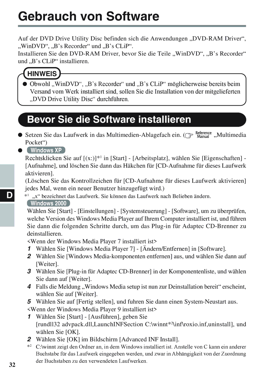 Panasonic CF-VDM732U specifications Gebrauch von Software, Bevor Sie die Software installieren 