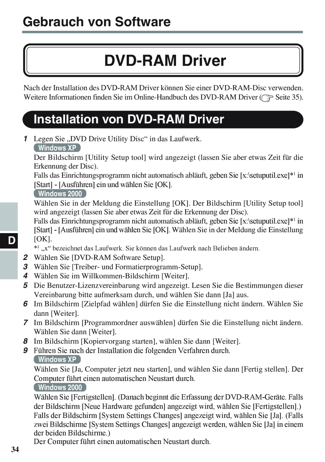 Panasonic CF-VDM732U specifications Installation von DVD-RAM Driver 