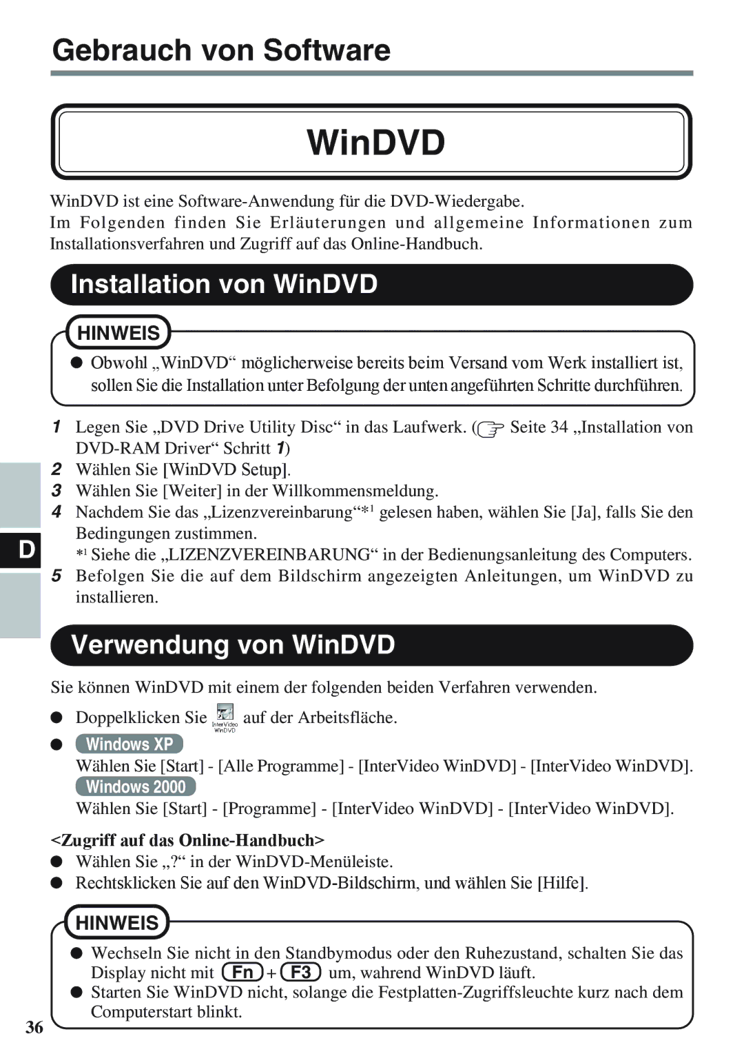 Panasonic CF-VDM732U specifications Installation von WinDVD, Verwendung von WinDVD 