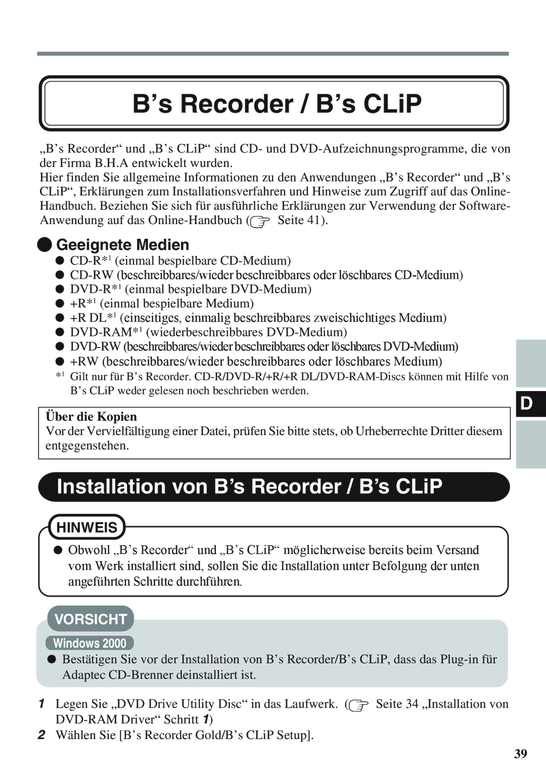 Panasonic CF-VDM732U specifications Installation von B’s Recorder / B’s CLiP, Geeignete Medien 