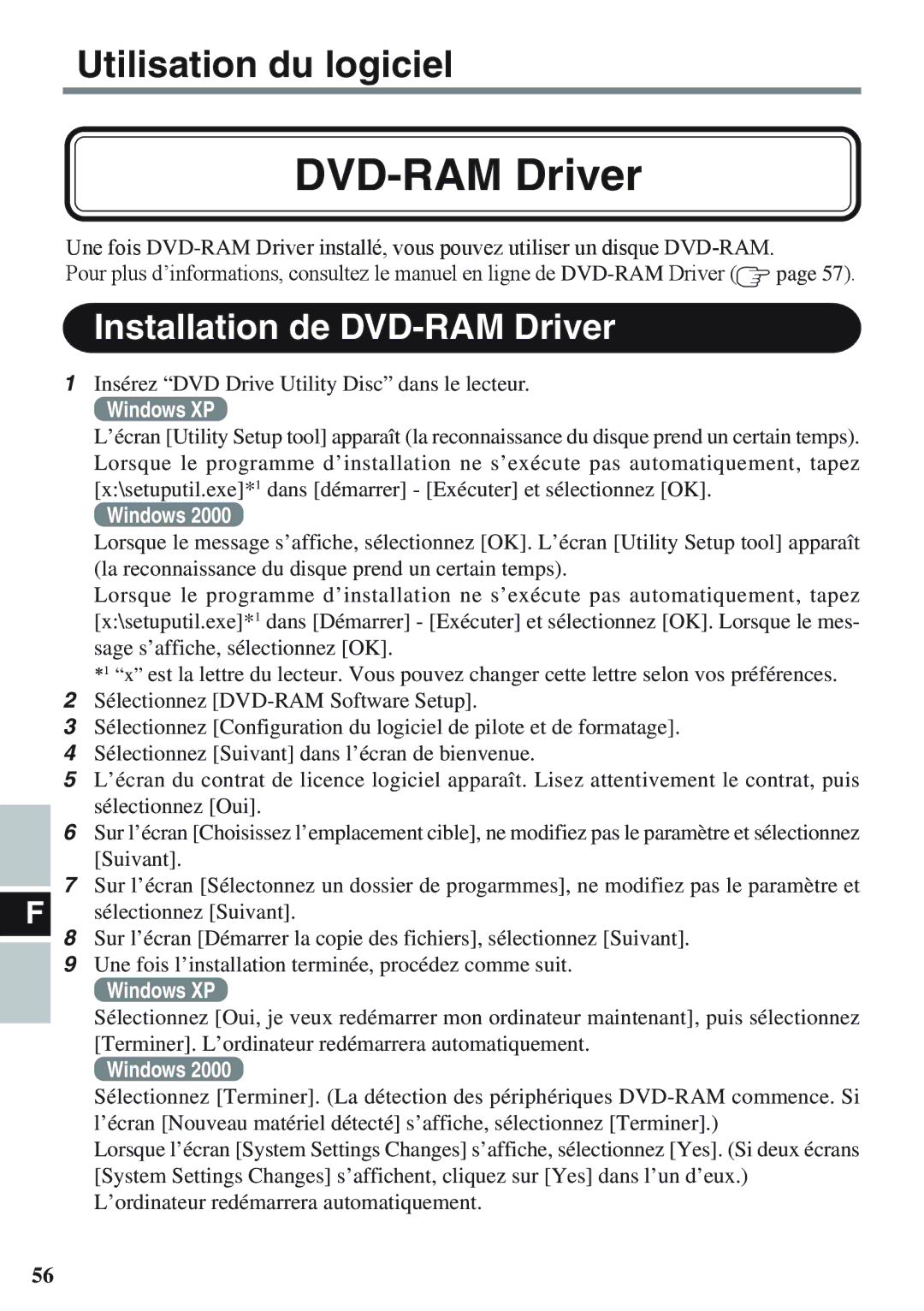 Panasonic CF-VDM732U specifications Installation de DVD-RAM Driver 