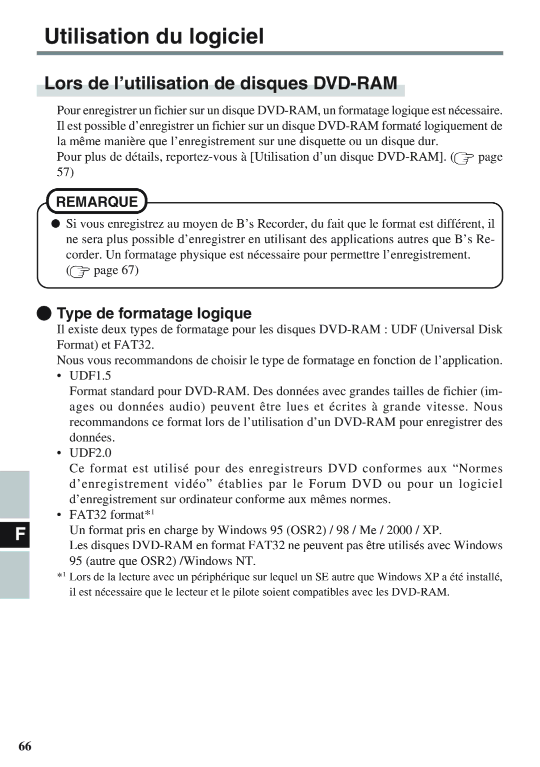 Panasonic CF-VDM732U specifications Lors de l’utilisation de disques DVD-RAM, Type de formatage logique 