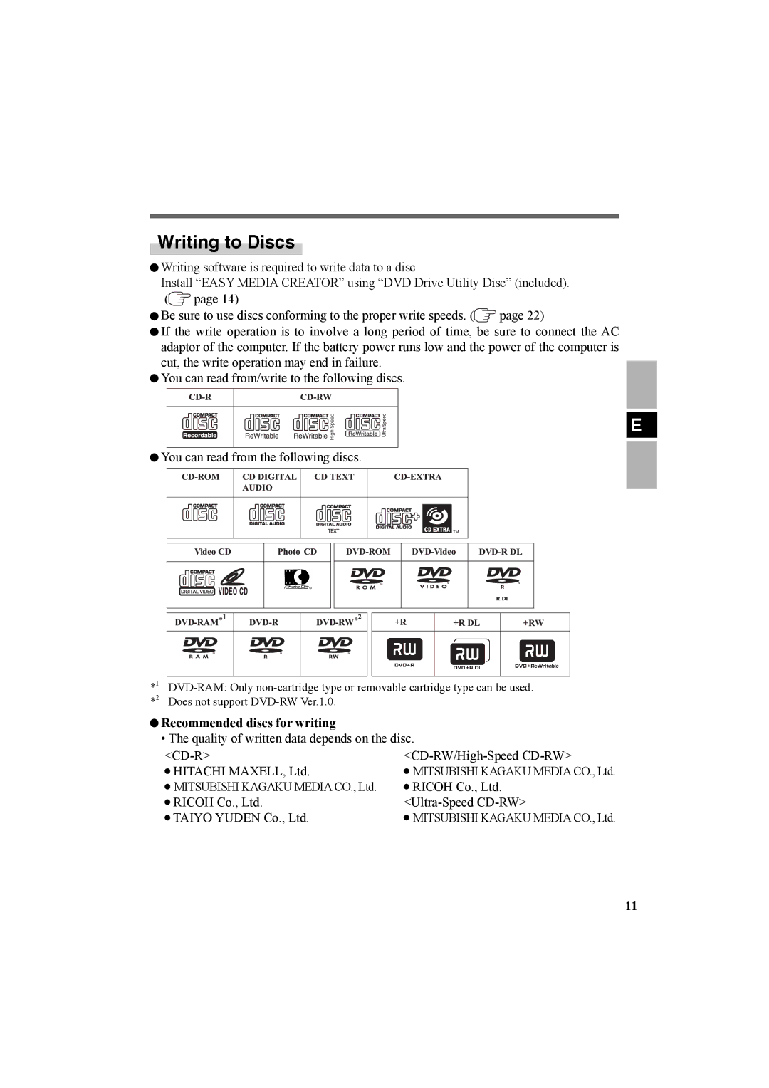 Panasonic CF-VDR301U specifications Writing to Discs, Recommended discs for writing 