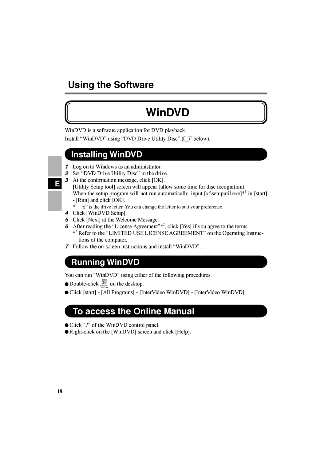 Panasonic CF-VDR301U specifications To access the Online Manual, Installing WinDVD, Running WinDVD 