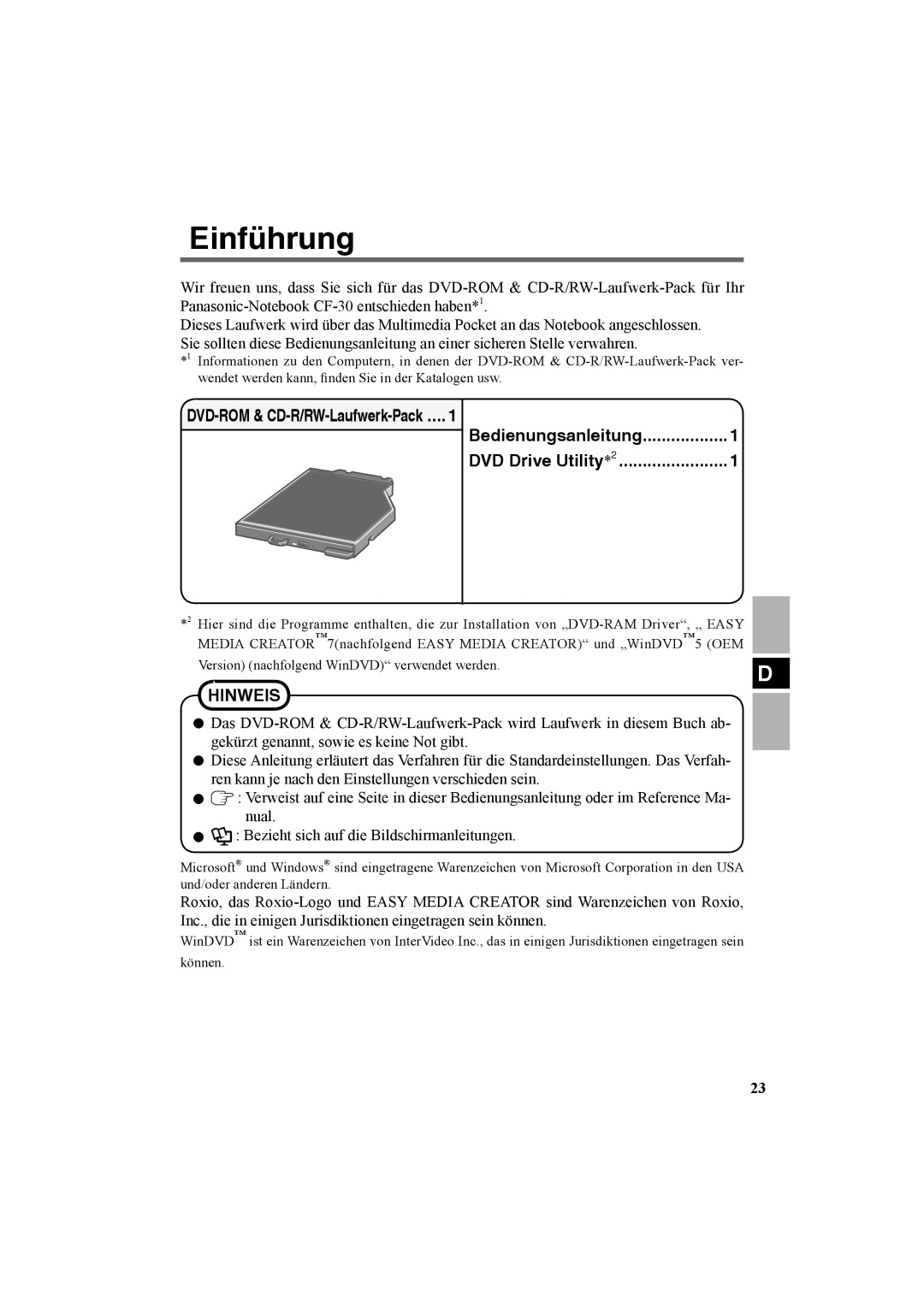 Panasonic CF-VDR301U specifications Einführung, DVD-ROM & CD-R/RW-Laufwerk-Pack Bedienungsanleitung 