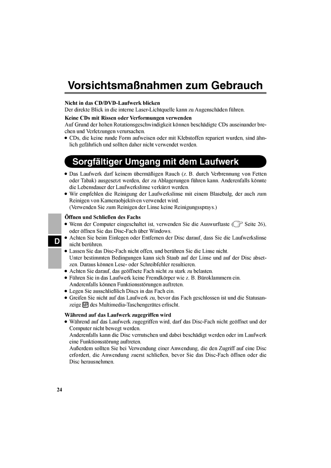 Panasonic CF-VDR301U specifications Vorsichtsmaßnahmen zum Gebrauch, Sorgfältiger Umgang mit dem Laufwerk 