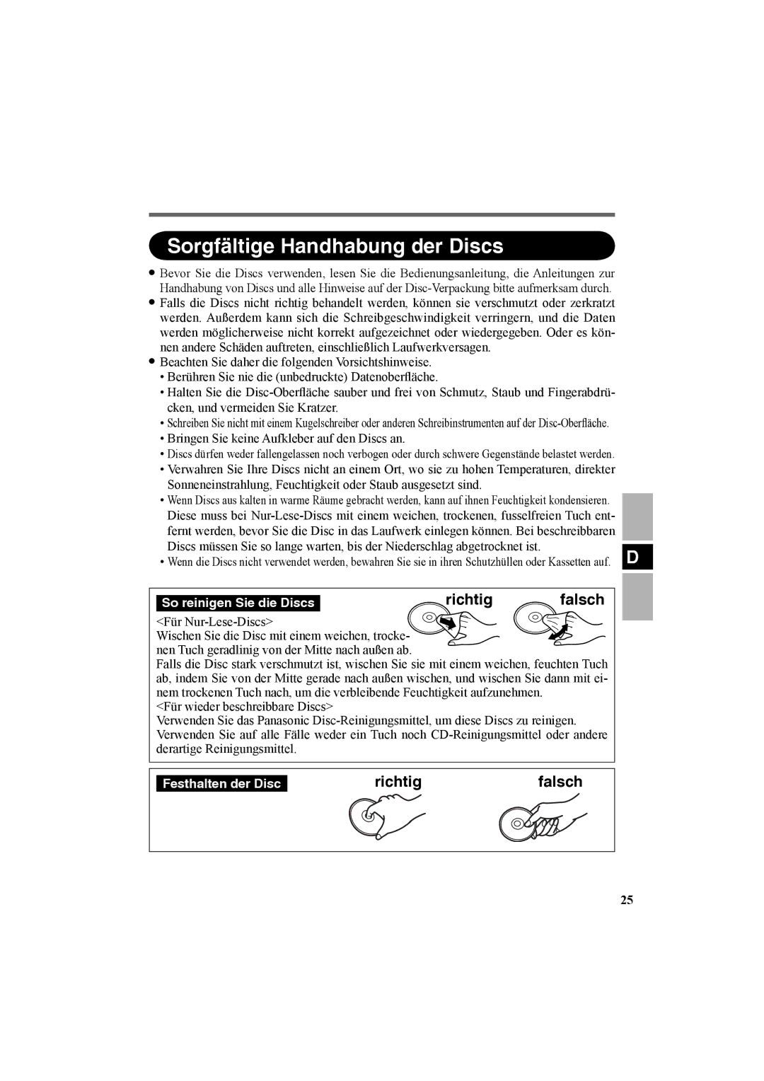 Panasonic CF-VDR301U specifications Sorgfältige Handhabung der Discs, Bringen Sie keine Aufkleber auf den Discs an 