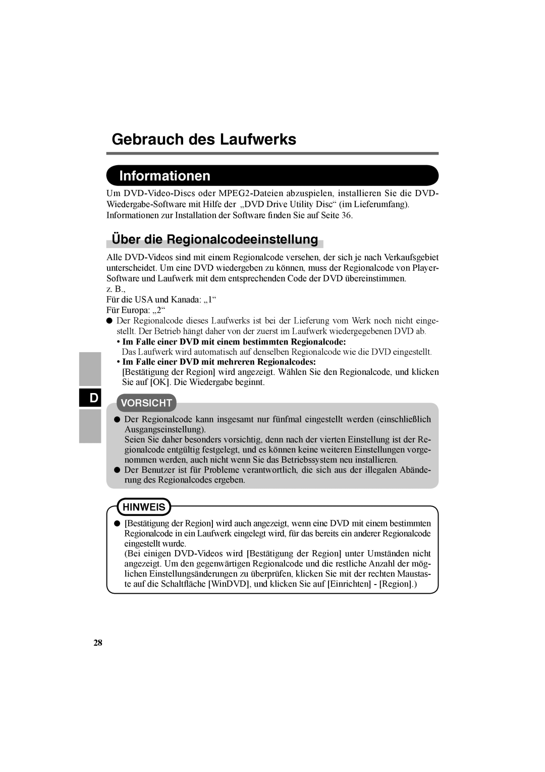 Panasonic CF-VDR301U Informationen, Über die Regionalcodeeinstellung, Im Falle einer DVD mit einem bestimmten Regionalcode 