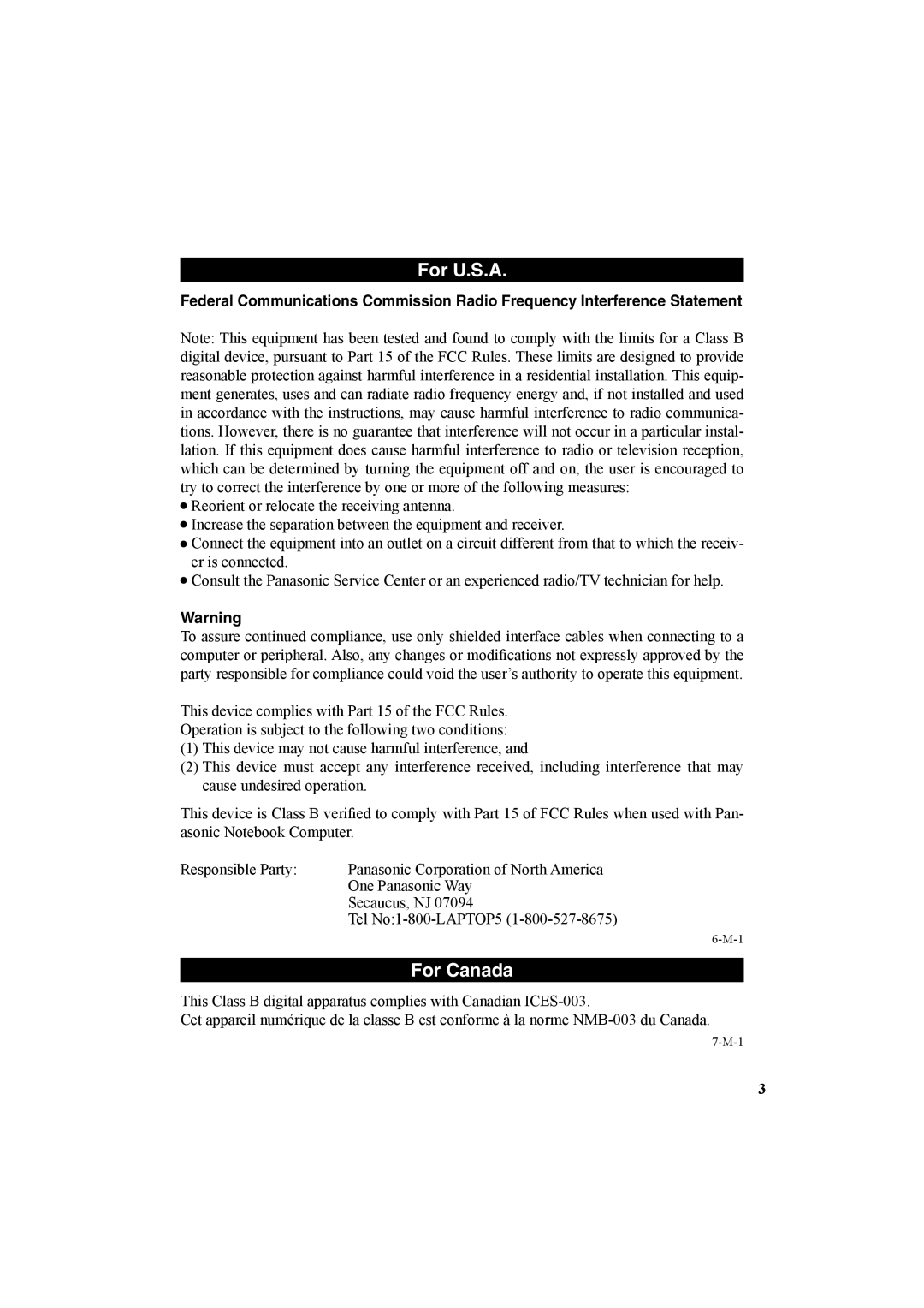 Panasonic CF-VDR301U specifications For U.S.A 