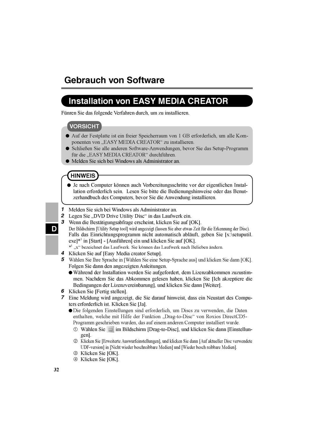 Panasonic CF-VDR301U specifications Gebrauch von Software, Installation von Easy Media Creator 