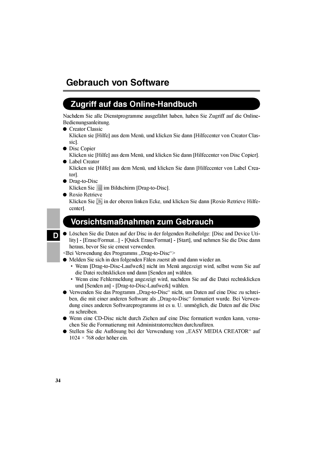 Panasonic CF-VDR301U specifications Zugriff auf das Online-Handbuch, Vorsichtsmaßnahmen zum Gebrauch 