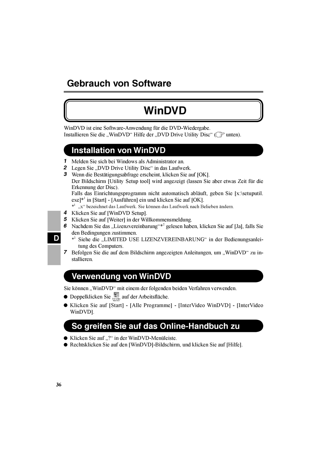 Panasonic CF-VDR301U Installation von WinDVD, Verwendung von WinDVD, So greifen Sie auf das Online-Handbuch zu 