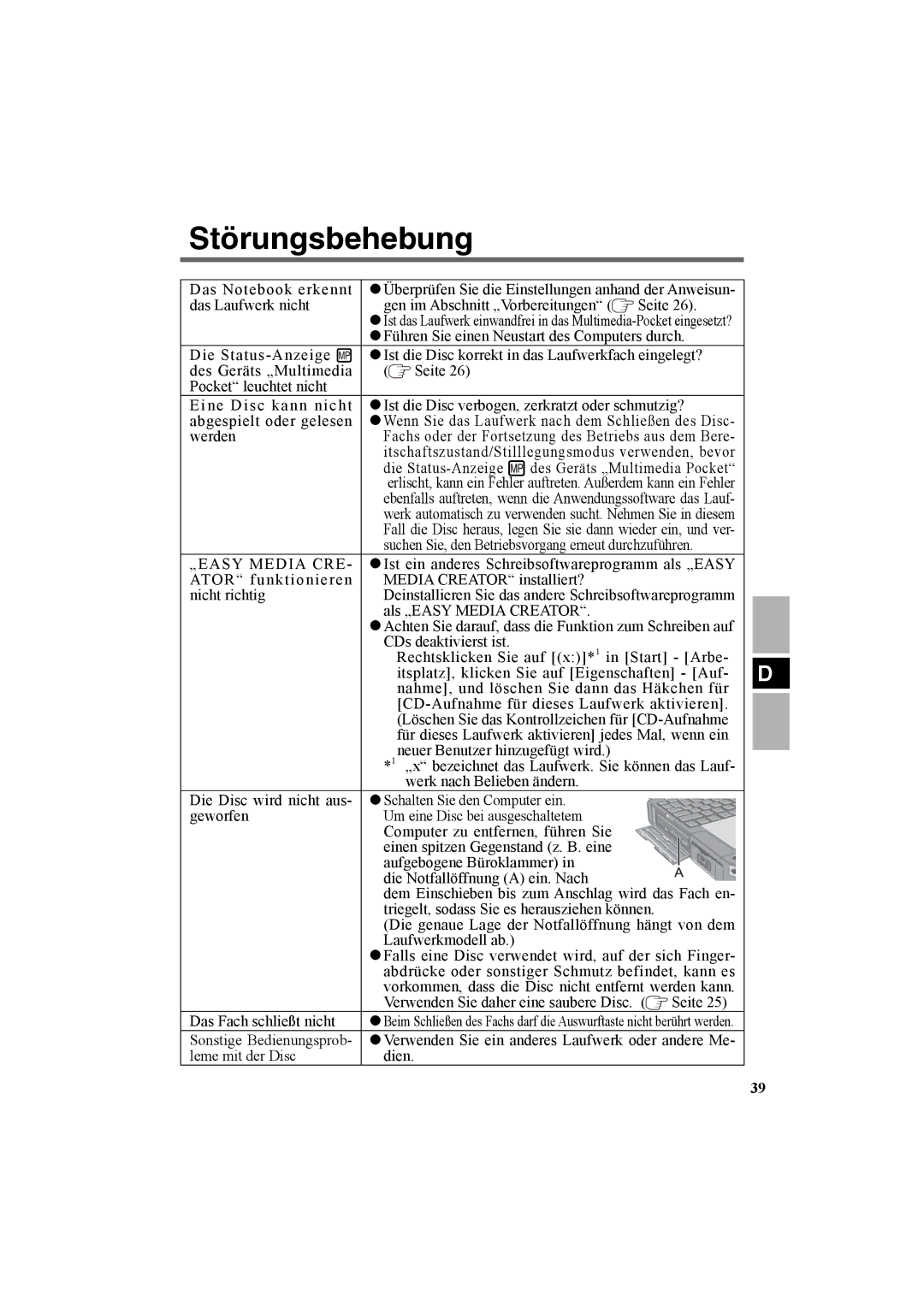 Panasonic CF-VDR301U specifications Störungsbehebung, „EASY Media CRE 