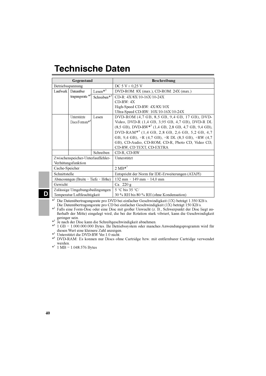 Panasonic CF-VDR301U specifications Technische Daten, Gegenstand Beschreibung 