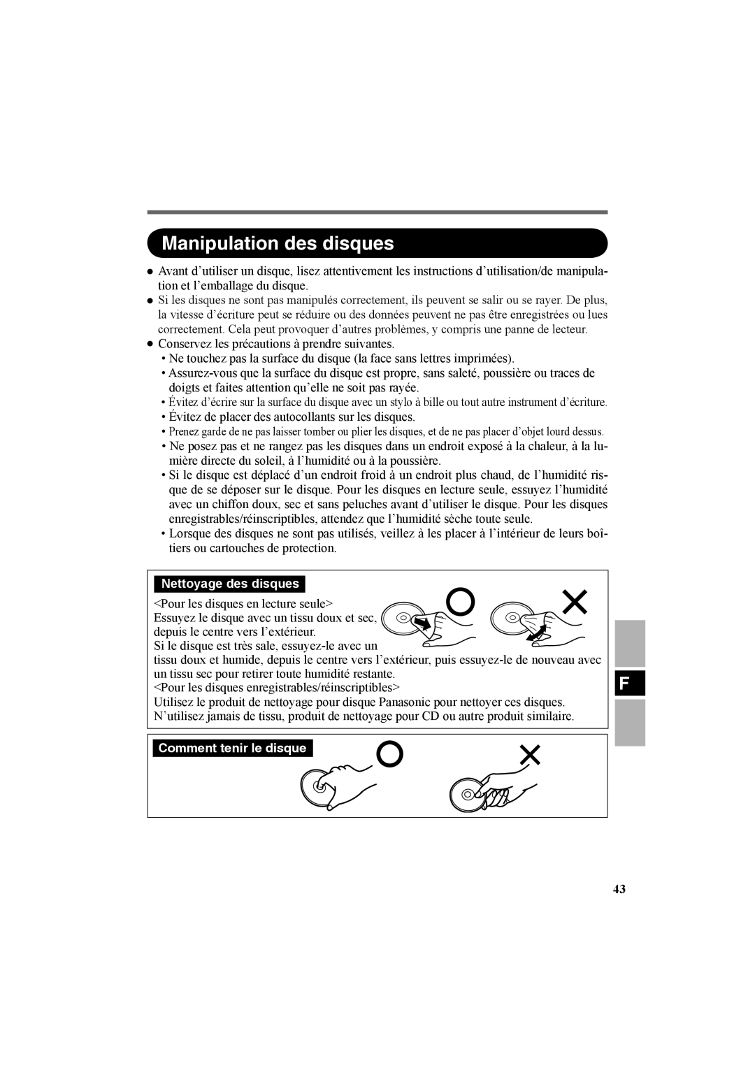 Panasonic CF-VDR301U specifications Manipulation des disques, Évitez de placer des autocollants sur les disques 