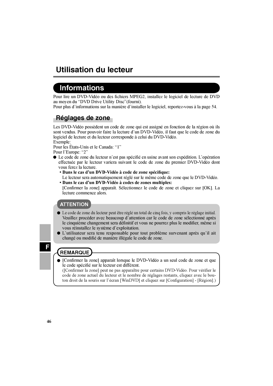 Panasonic CF-VDR301U specifications Informations, Réglages de zone, Dans le cas d’un DVD-Vidéo à code de zone spéciﬁque 