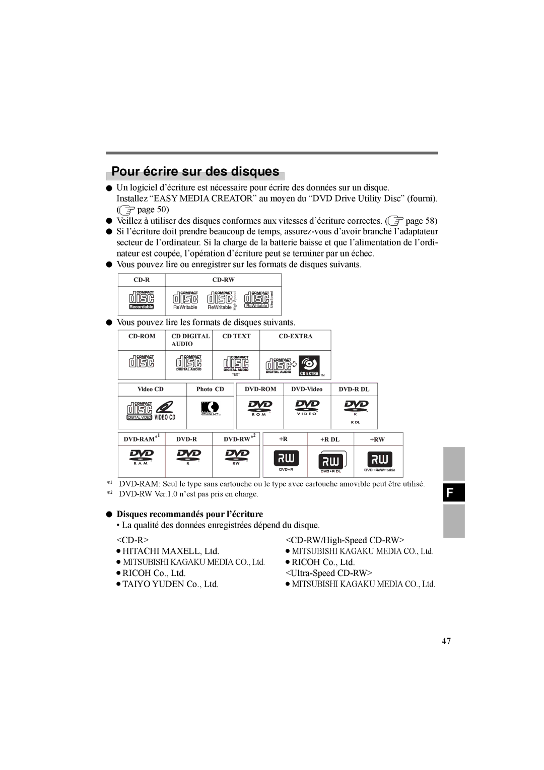 Panasonic CF-VDR301U specifications Pour écrire sur des disques, Disques recommandés pour l’écriture 