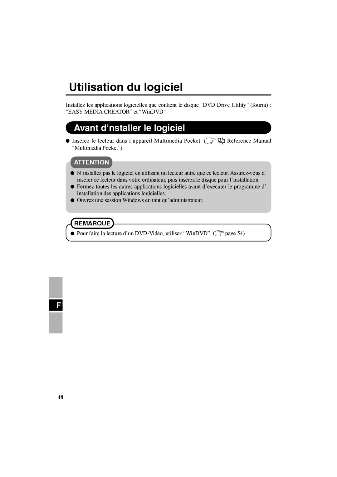 Panasonic CF-VDR301U specifications Utilisation du logiciel, Avant d’nstaller le logiciel 