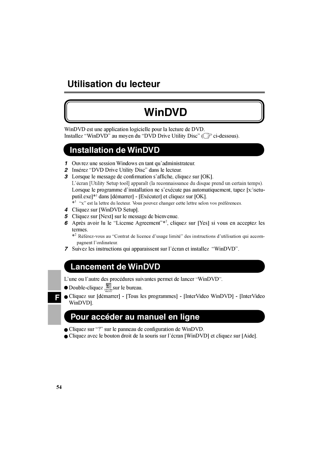 Panasonic CF-VDR301U specifications Installation de WinDVD, Lancement de WinDVD, Pour accéder au manuel en ligne 