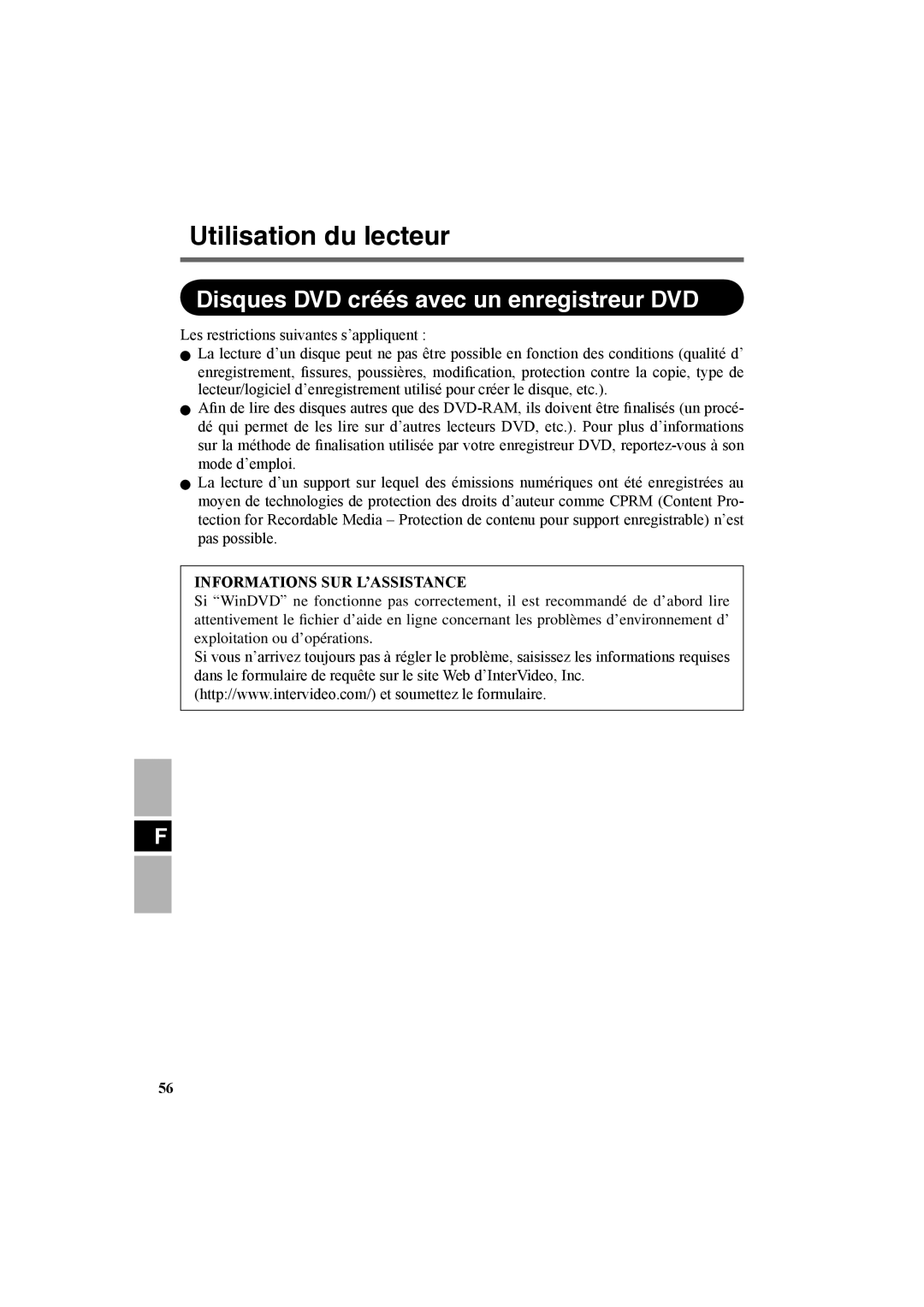 Panasonic CF-VDR301U specifications Disques DVD créés avec un enregistreur DVD, Informations SUR L’ASSISTANCE 