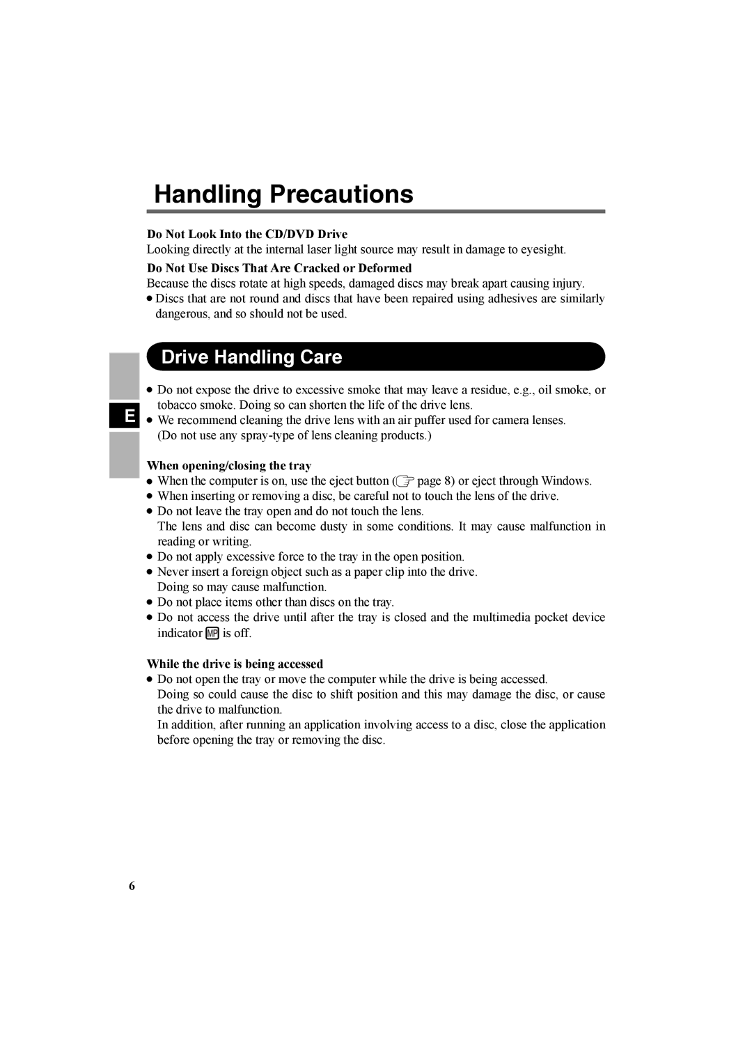 Panasonic CF-VDR301U specifications Handling Precautions, Drive Handling Care 