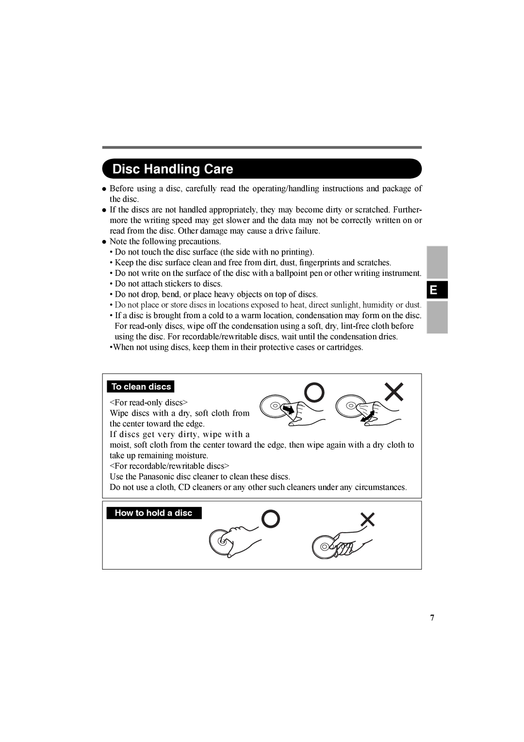 Panasonic CF-VDR301U specifications Disc Handling Care, To clean discs 