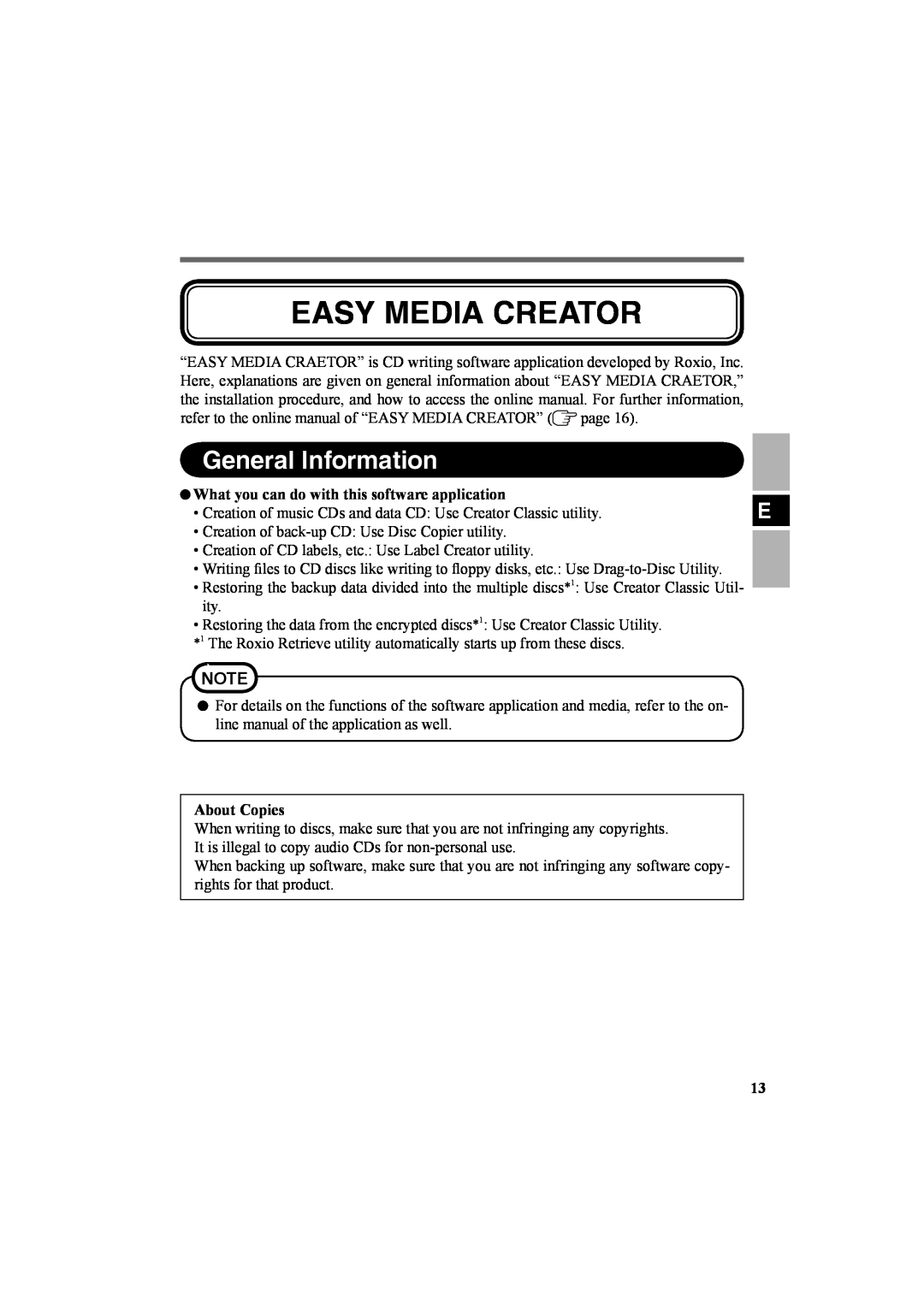 Panasonic CF-VDR301U Easy Media Creator, General Information, What you can do with this software application, About Copies 