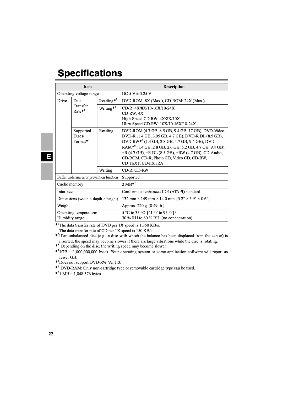 Panasonic CF-VDR301U specifications Speciﬁcations, Description 