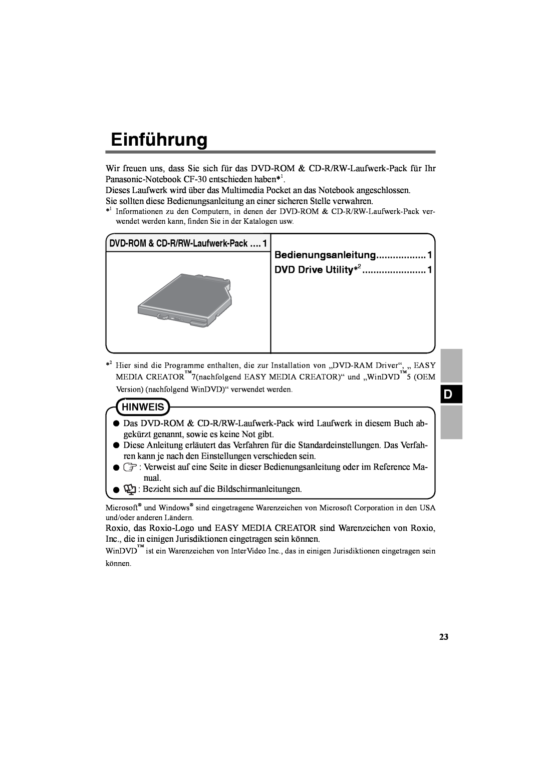 Panasonic CF-VDR301U Einführung, DVD-ROM & CD-R/RW-Laufwerk-Pack, Bedienungsanleitung, Hinweis, DVD Drive Utility 