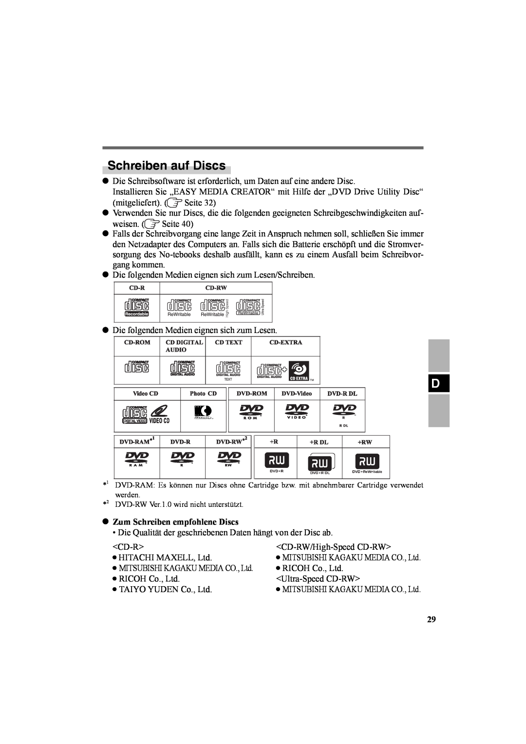 Panasonic CF-VDR301U specifications Schreiben auf Discs, Zum Schreiben empfohlene Discs 