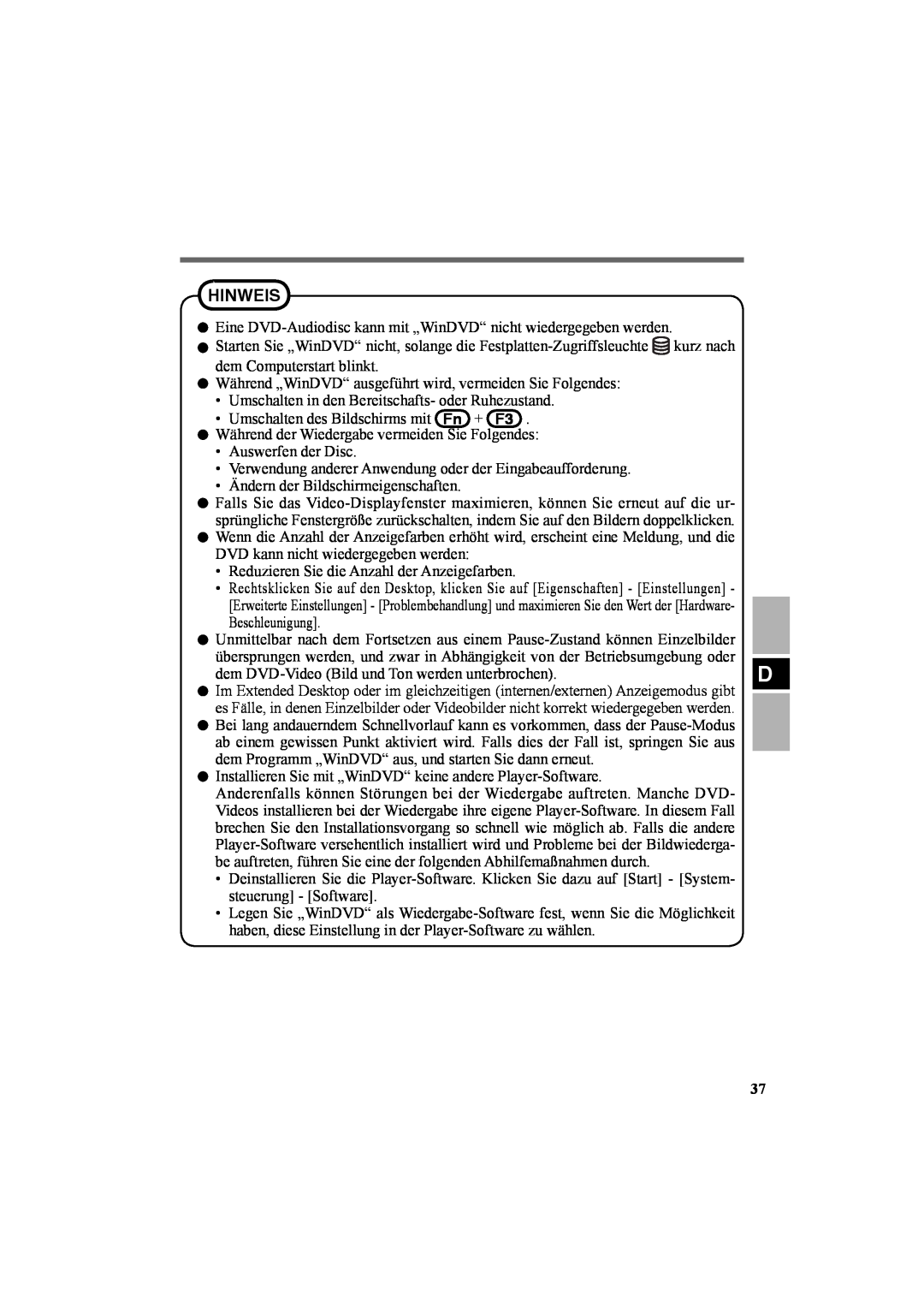 Panasonic CF-VDR301U specifications Hinweis, Eine DVD-Audiodisc kann mit „WinDVD“ nicht wiedergegeben werden 