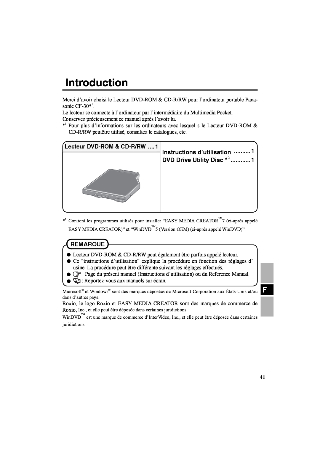 Panasonic CF-VDR301U Instructions d’utilisation, DVD Drive Utility Disc *2, Remarque, Lecteur DVD-ROM & CD-R/RW 
