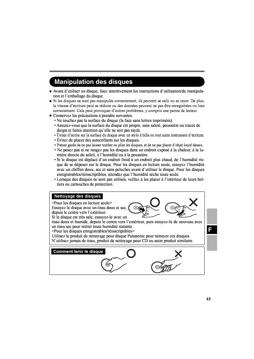 Panasonic CF-VDR301U specifications Manipulation des disques, Nettoyage des disques, Comment tenir le disque 