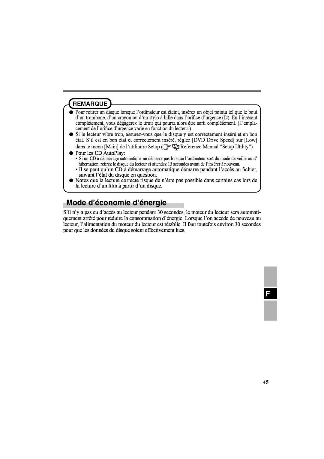 Panasonic CF-VDR301U specifications Mode d’économie d’énergie, Remarque 