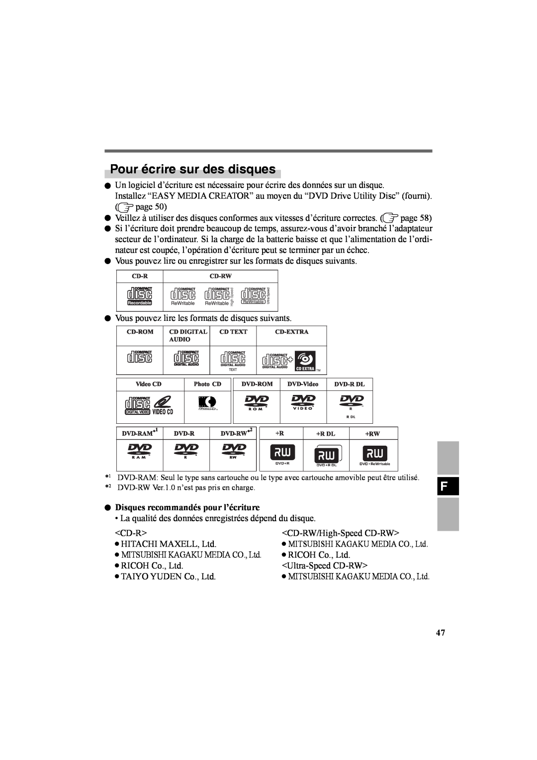 Panasonic CF-VDR301U specifications Pour écrire sur des disques, Disques recommandés pour l’écriture 