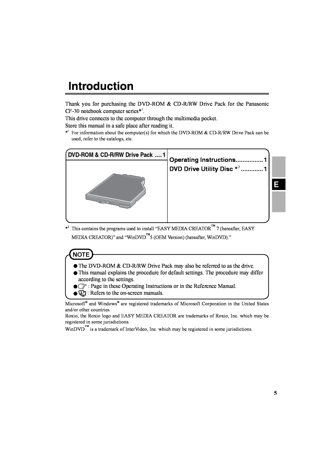 Panasonic CF-VDR301U Introduction, DVD Drive Utility Disc, DVD-ROM & CD-R/RW Drive Pack ....1 Operating Instructions 