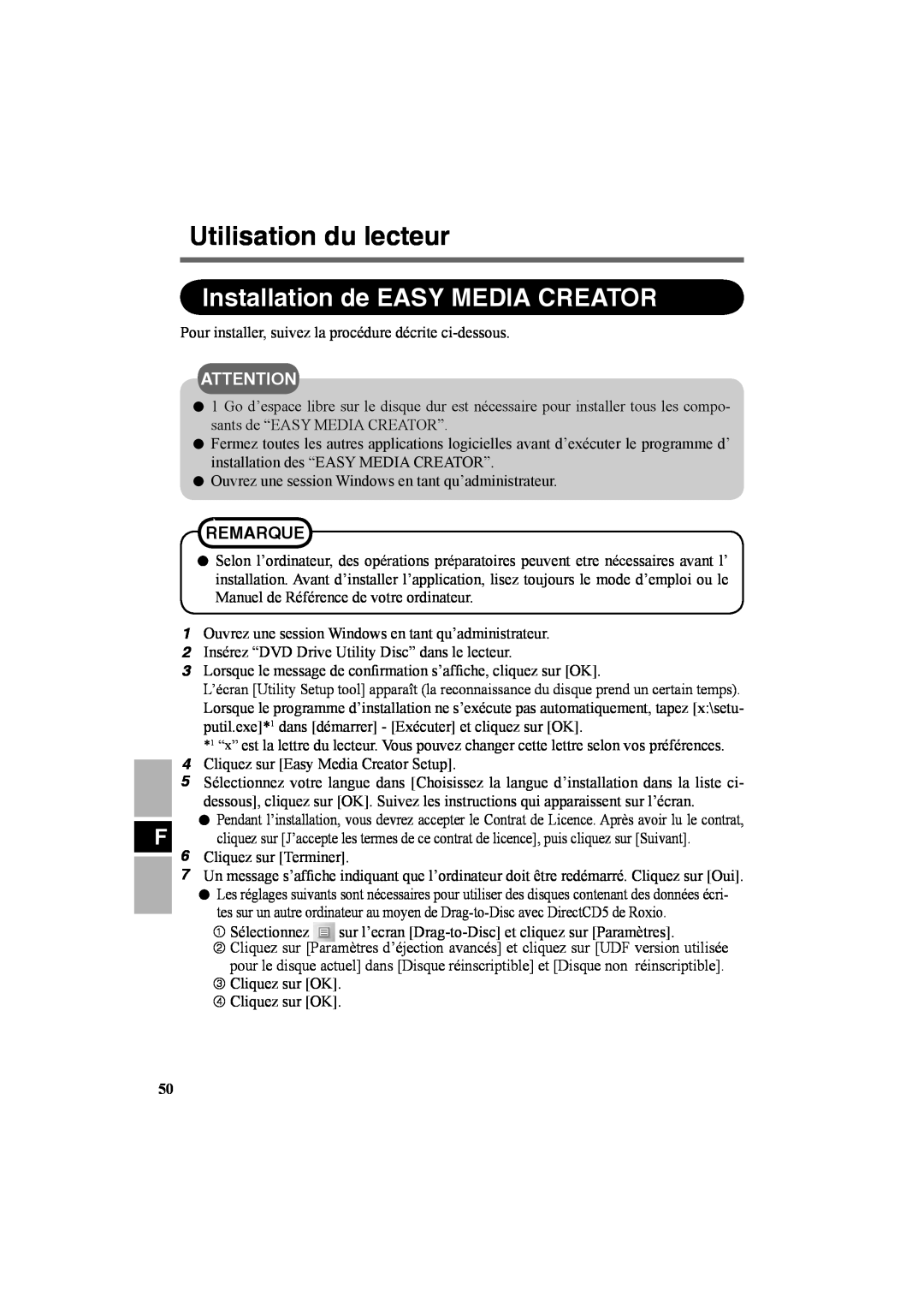 Panasonic CF-VDR301U specifications Installation de EASY MEDIA CREATOR, Utilisation du lecteur, Remarque 
